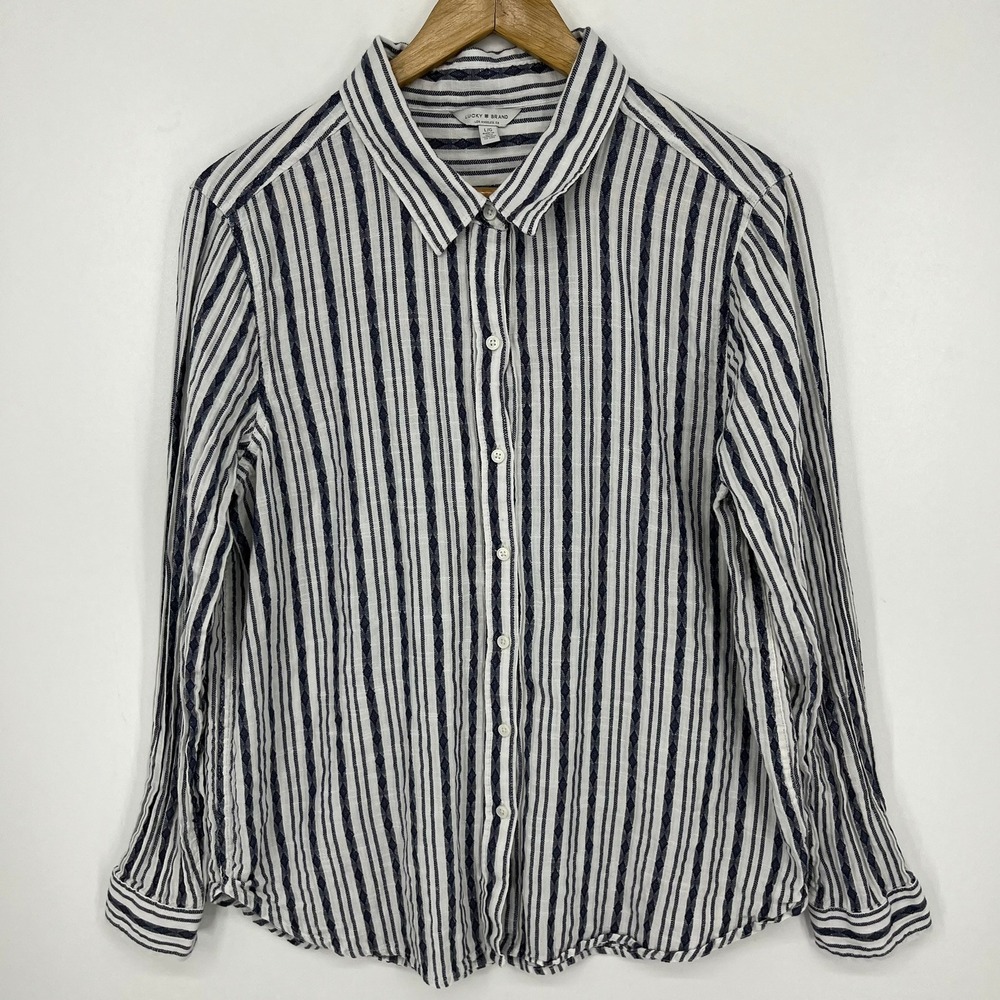 Lucky Brand Womens Navy White Striped Cotton Button Down Shirt Large